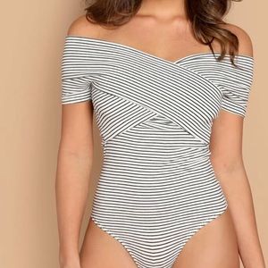Shein White and Black Stripped Bodysuit
